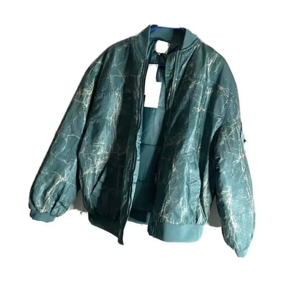 BDG Light Green Marble Print Puffer Bomber Jacket Size S - Picture 2 of 16
